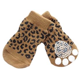 4 Pcs Cute Puppy Cat Socks Knitted Pet Socks Dog Paw Protection Poodle Teddy Socks, Brown Leopard Print (Default: Default)