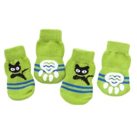 4 Pcs Green Cats Knitted Dogs Socks Cat Socks Cute Pet Socks Dog Paw Protection for Puppy Indoor Wear (Default: Default)