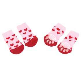 4 Pcs Knit Dog Socks Cat Socks Dog Paw Protection for Indoor Wear, Pink Red Hearts (Default: Default)