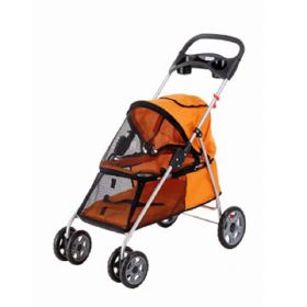 Pet Dog Buggy Stroller Trolley, Easy Folding Shockproof Four Wheels Water Resistant with Double Cap Holder & Food Tray (Color: Orange)