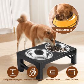 Dog Raised Bowls with 6 Adjustable Heights Stainless Steel Elevated Dog Bowls Foldable Double Bowl Dog Feeder for Small Medium Large Size Dog (Color: Black)